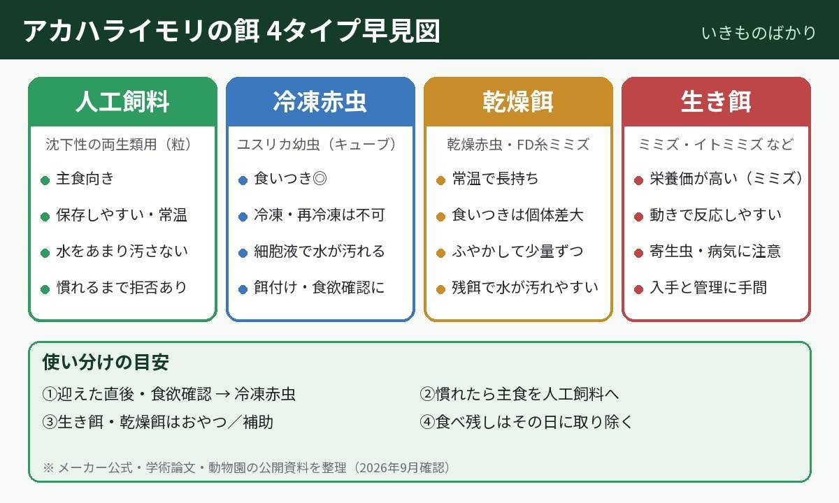 アカハライモリの餌 4タイプ早見図（人工飼料・冷凍赤虫・乾燥餌・生き餌の特徴と使い分け）