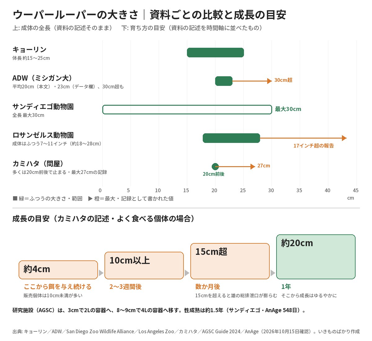 ウーパールーパーの大きさを資料ごとに比べた横棒の図と、4cmから1年で約20cmになる成長の目安の図